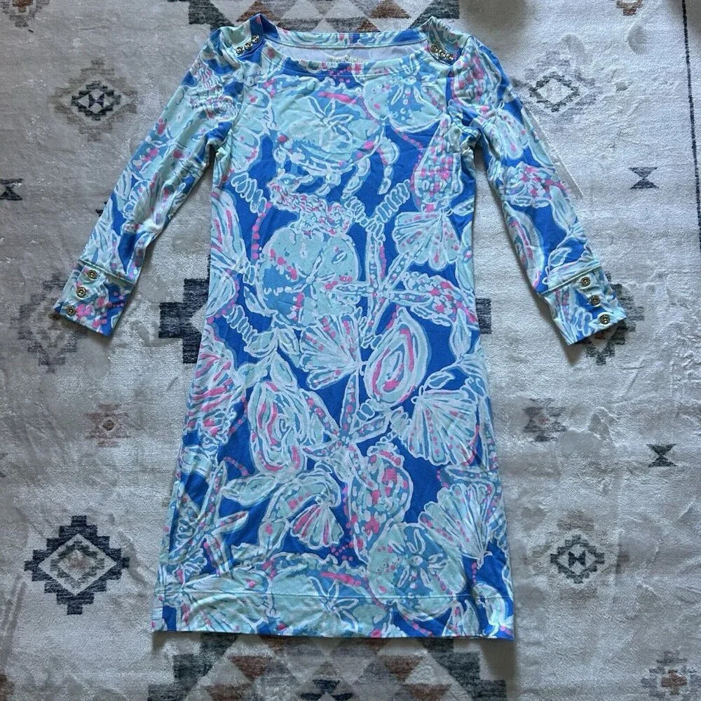 Lilly Pulitzer UPF 50 + Cotton Sophie Dress Into the Deep Size XXS Pink Blue